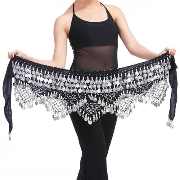 Black Belly Dance Hip Scarf with Silver Coins – Chiffon Wrap Skirt - Picture 1 of 3